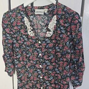 Caroline Wells Floral Maxi Dress‎ 12 Black Full Button Front 90s Cottage Prairie